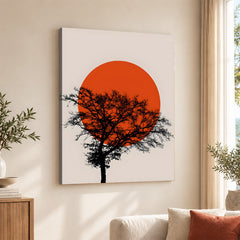 Beautiful Black Tree Over Red Sun With Beige Background  | Abstract Floral Artwork #00226