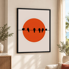 Beautiful Black Birds Over Red Sun With Beige Background  | Abstract Nature Artwork #00227