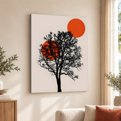 Beautiful Black Tree Over Red Sun With Beige Background  | Abstract Nature Artwork #00228