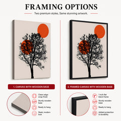 Beautiful Black Tree Over Red Sun With Beige Background  | Abstract Nature Artwork #00228