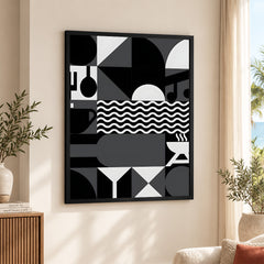 Black & White Abstract Design Over Beige Background  | Abstract Office Artwork #00229
