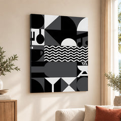 Black & White Abstract Design Over Beige Background  | Abstract Office Artwork #00229