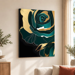 Gold & Green Floral Art Over Black Background | Abstract Floral Artwork #00245