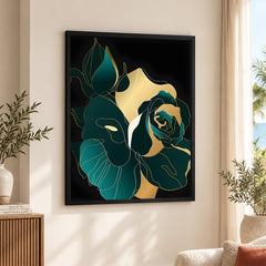 Gold & Green Floral Art Over Black Background | Abstract Floral Artwork #00246