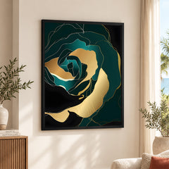 Gold & Green Floral Art Over Black Background | Abstract Floral Artwork #00247