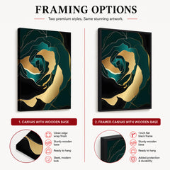Gold & Green Floral Art Over Black Background | Abstract Floral Artwork #00247
