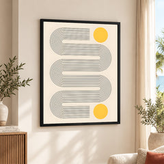 Black Line Art With Golden Moon Over Beige Background | Abstract Office Artwork #00257