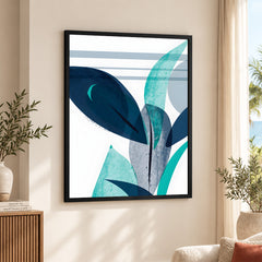 Blue & Green Colorful Abstract Tropical Leaves Over White Background | Abstract Floral Artwork #00264