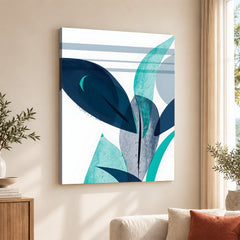 Blue & Green Colorful Abstract Tropical Leaves Over White Background | Abstract Floral Artwork #00264