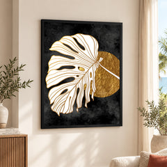 Gold & white Abstract Floral Design Over Black Background | Abstract Floral Artwork #00287