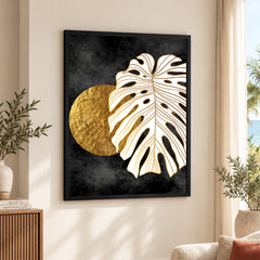 Gold & white Abstract Floral Design Over Black Background | Abstract Floral Artwork #00288