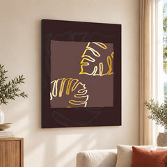 Golden Tropical Leaves Over Purple Brown Background | Abstract Floral Artwork #00300