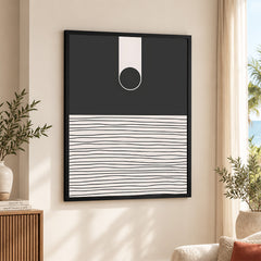 Black & White Linear Design Over Moon Shape Abstract | Abstract Office Artwork #00305