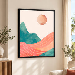 Orange & Green Abstract Mountain Design With Moon | Abstract Nature Artwork #00311