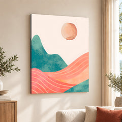Orange & Green Abstract Mountain Design With Moon | Abstract Nature Artwork #00311