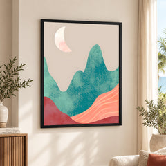 Orange & Green Abstract Mountain Design With Moon | Abstract Nature Artwork #00312