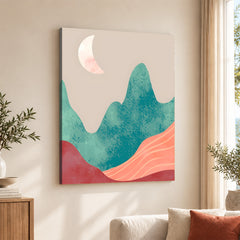 Orange & Green Abstract Mountain Design With Moon | Abstract Nature Artwork #00312