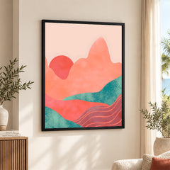 Orange & Green Abstract Mountain Design With Moon | Abstract Nature Artwork #00313