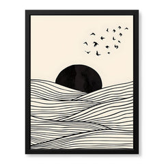 Black & White Sea View With Sun Over Flying Birds | Abstract Nature Artwork #00317