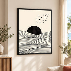 Black & White Sea View With Sun Over Flying Birds | Abstract Nature Artwork #00317