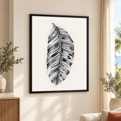 Black & White Tropical Leaves On Grey Background | Abstract Floral Artwork #0035