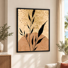 Black Tropical Leaves On Brown & Beige Background | Abstract Floral Artwork #0037