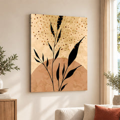 Black Tropical Leaves On Brown & Beige Background | Abstract Floral Artwork #0037