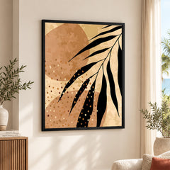Black Tropical Leaves On Brown & Beige Background | Abstract Floral Artwork #0039