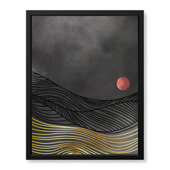 Black & Gold Line Waves With Orange Moon | Abstract Office Artwork #0041