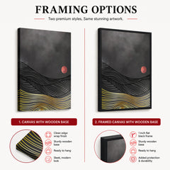 Black & Gold Line Waves With Orange Moon | Abstract Office Artwork #0041