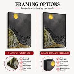Black & Gold Line Waves With Golden Moon | Abstract Office Artwork #0042