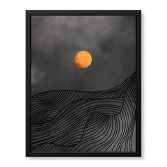 Black & Gold Line Waves With Orange Moon | Abstract Office Artwork #0043