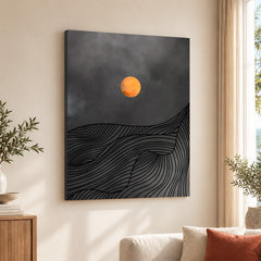Black & Gold Line Waves With Orange Moon | Abstract Office Artwork #0043