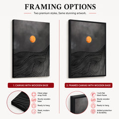 Black & Gold Line Waves With Orange Moon | Abstract Office Artwork #0043