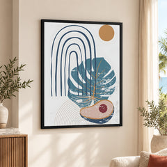 Blue & Green Abstract Floral Design With Brown Moon Over White Background | Abstract Floral Artwork #00439