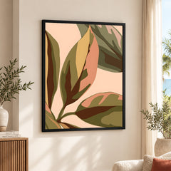 PaleCopper & Green Exotic Leaves On Beige Background | Abstract Floral Artwork #0044