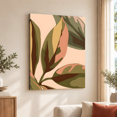 PaleCopper & Green Exotic Leaves On Beige Background | Abstract Floral Artwork #0044