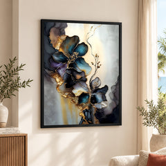 Blue & Green Abstract Floral Art Over Grey Background | Abstract Floral Artwork #00449