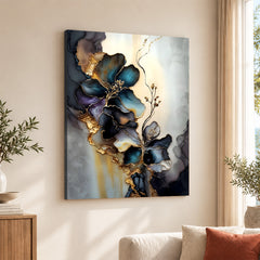 Blue & Green Abstract Floral Art Over Grey Background | Abstract Floral Artwork #00449