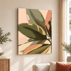PaleCopper & Green Exotic Leaves On Beige Background | Abstract Floral Artwork #0045