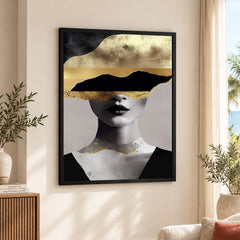 Black & Gold Abstract Design With Woman Face Over Grey Background | Abstract Fashion Artwork #00475