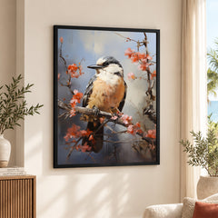 Beautiful Bird On Tree Branch With Pink Flowers | Abstract Floral Artwork #00522