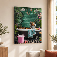 Aesthetic Tiger In A Bath Tub With Green Background | Abstract Fashion Artwork #00532