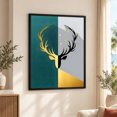 Black & Gold Deer Design With Green And Grey Background | Abstract Animal Artwork #0055