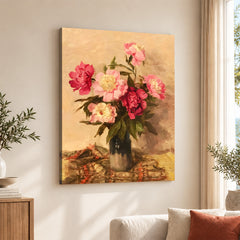Beautiful Pink & Red Flowers With Black Vase | Abstract Floral Artwork #00553