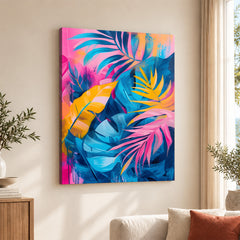 Blue & Gold Colorful Exotic Leaves | Abstract Floral Artwork #00559