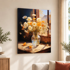 Beautiful Orange & White Flowers With Vase | Abstract Floral Artwork #00561