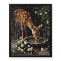 Beautiful Deer Drinking Water With White Flowers | Abstract Animal Artwork #00562