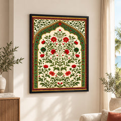 Mughal Era Red & Green Floral Artwork | Abstract Historical Artwork #00590