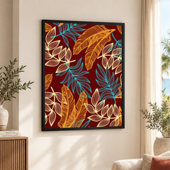 Orange & Blue Exotic Leaves Over Maroon Background | Abstract Floral Artwork #00685
